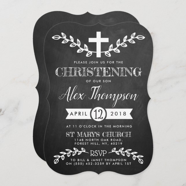 Convite Rico Chalkboard Cross & Foliage Christening (Frente/Verso)