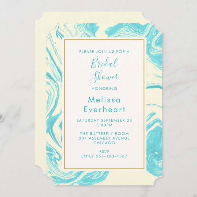 Convite Rico de mármore em turquesa e creme (Frente/Verso)