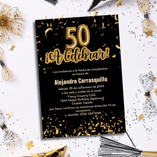 Convite Rico espanhol Black & Dourado Confetti 50º Anivers (Criador carregado)