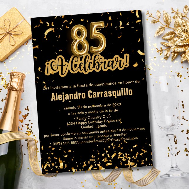 Convite Rico espanhol Black & Dourado Confetti 85º Anivers (Criador carregado)