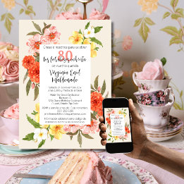 Convite Rico Espanhol Florals Quadro Branco 80 de Aniversá