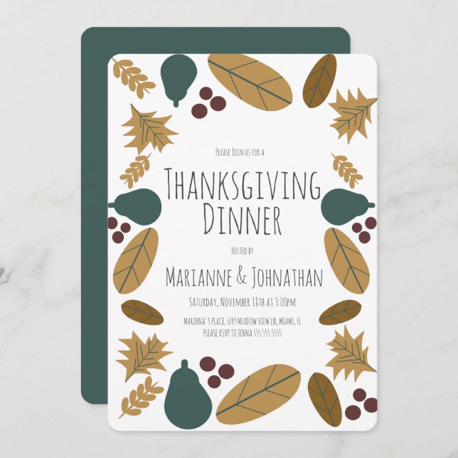 Convite Rico Fall Fall Janta Pears Folhas de Graças (Frente/Verso)