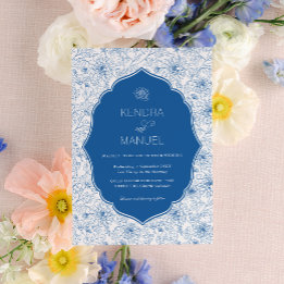 Convite Rico Floral de Toile Casamento Azul Francês