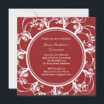 Convite Rico Floral Quinceanera Invite (vermelho)<br><div class="desc">As espirais florais de rico rodeiam o tipo que consta do presente convite; isso pode ser facilmente adaptado para qualquer aniversário de idade. É apresentado no papel de base; no entanto,  recomendo o peso e a textura do papel de linho.</div>