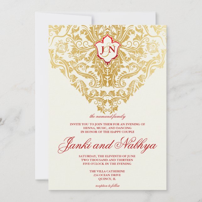 Convite Rico floresce Ouro Casamento Árabe Indiano (Frente)