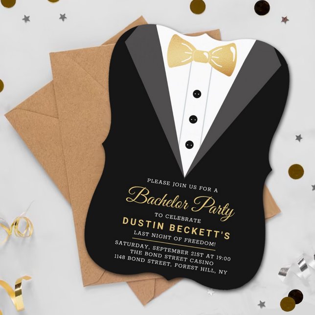 Convite Rico Gold Foil Tuxedo Bachelor Party (Criador carregado)