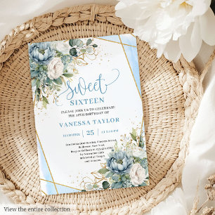 Convite Rico Pastel Blue Dourado Floral Sweet Sessenta