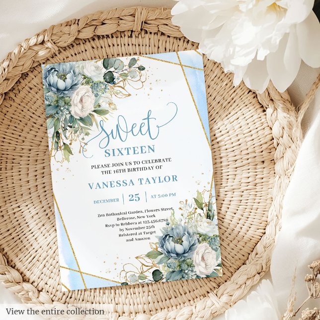 Convite Rico Pastel Blue Dourado Floral Sweet Sessenta (Fancy Pastel Blue White Gold Floral Sweet 16 Invitation)