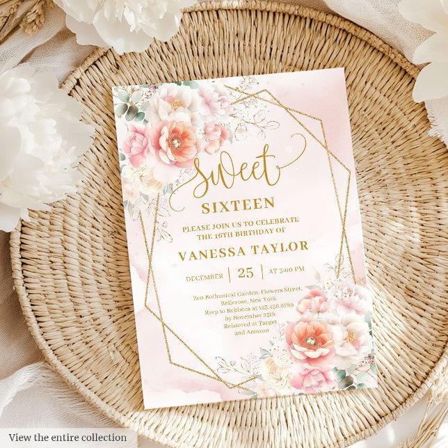Convite Rico Pastel Sage Rosa Dourado Floral Sweet 16 Conv (Fancy Pastel Pink Sage Gold Floral Sweet 16 Invite)