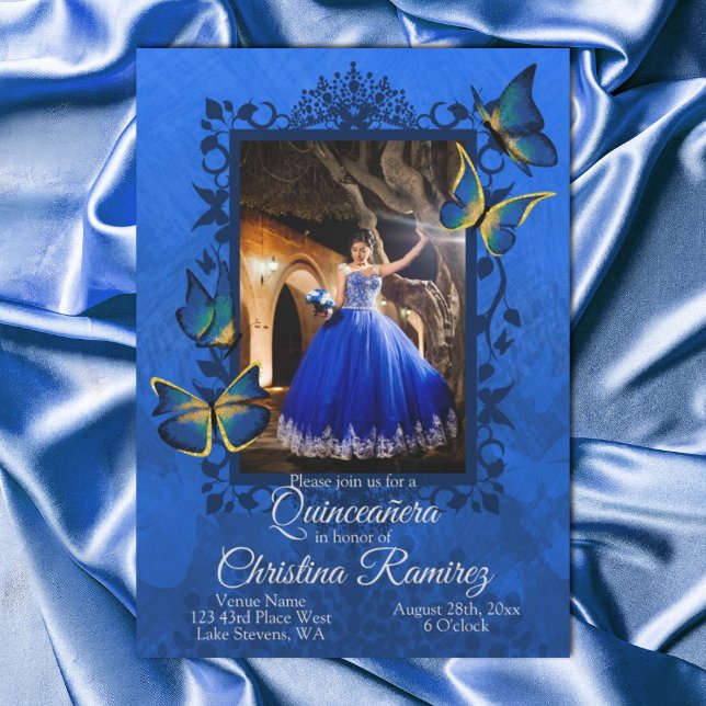 Convite Rico Real Azul, Borboleta Dourada Quinceanera (fancy blue and gold quinceanera invitation, royal blue dress photo mis quince, gold butterflies)