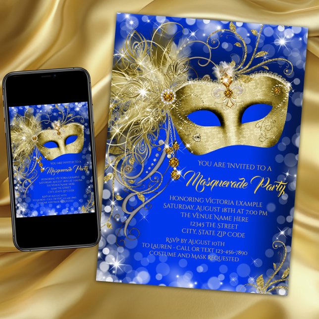 Convite Rico Real Azul Dourado Glitter (Blue and gold masquerade party invitation with pretty gold jewel mask on a blue and gold background.)