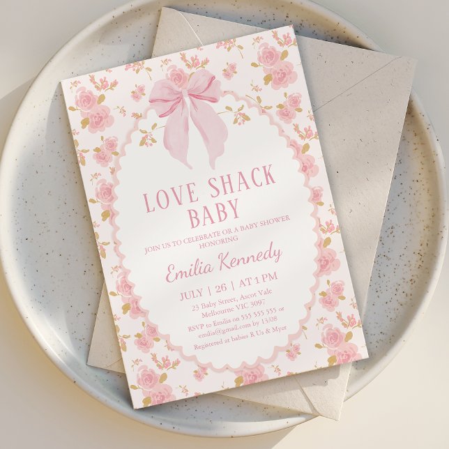 Convite Rico Rosa Floral Amor Shack Chá de fraldas Bebê (Love Shack Baby Shower Invitation Template, Love Shack Fancy Baby Shower Invitation Bow Baby Girl)