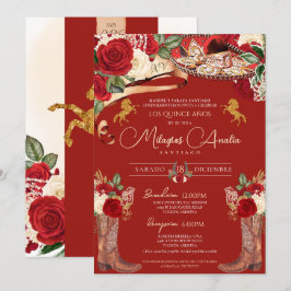 Convite Rico Rosa vermelha Mariachi Charra Quinceanera
