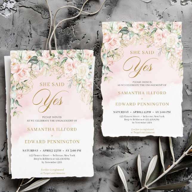 Convite Rico rosas cor-de-rosa ela disse sim noivado (Bohemian pale pink roses sage greenery and gold she said yes engagement invitation download)