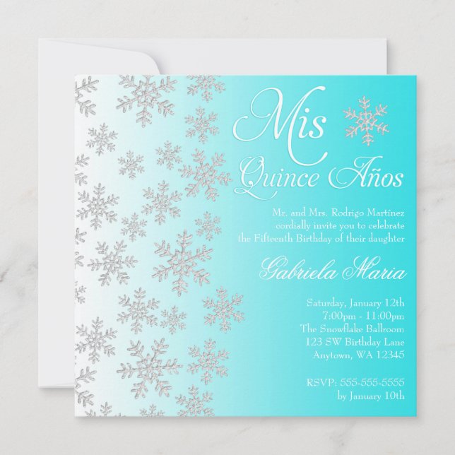 Convite Rico Teal Snowflake Winter Wonderland Quinceanera (Frente)
