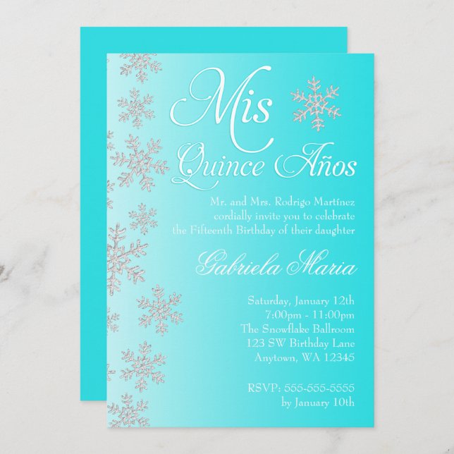 Convite Rico Teal Snowflake Winter Wonderland Quinceanera (Frente/Verso)