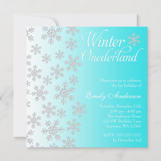 Convite Rico Teal Snowflakes Winter Onederland Birthday (Frente)
