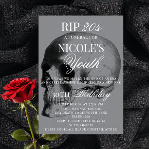 Convite RIP 20 anos Crânio Mínimo Tema de Funeral 30º Aniv