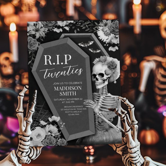 Convite RIP 20 anos - Halloween Floral Skull Halloween Ani (RIP Twenties Death to my Twenties Halloween Birthday Invitation)