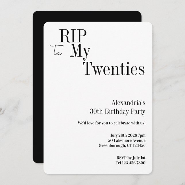 Convite RIP 20s 30th Birthday Minimal Party (Frente/Verso)