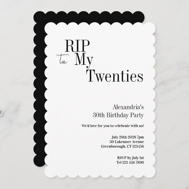 Convite RIP 20s 30th Birthday Minimal Party (Frente/Verso)