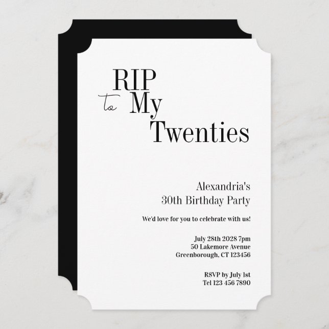 Convite RIP 20s 30th Birthday Minimal Party (Frente/Verso)