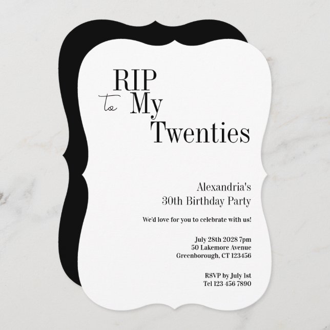 Convite RIP 20s 30th Birthday Minimal Party (Frente/Verso)