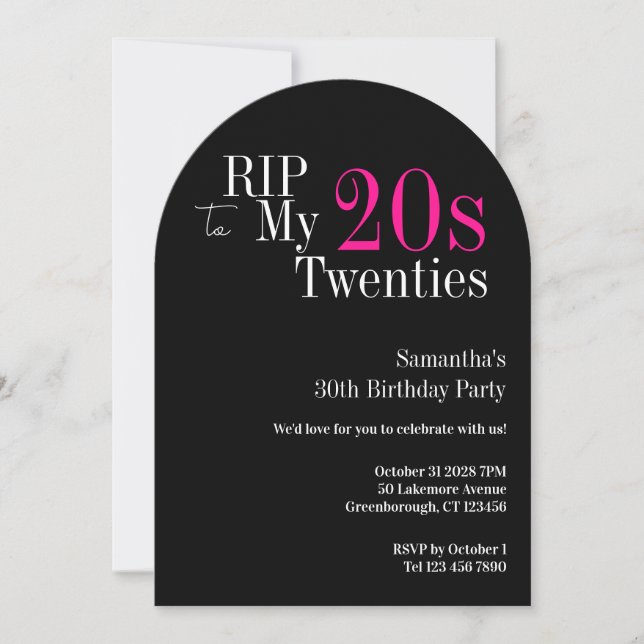 Convite RIP 20s 30th Birthday Party Black Pink (Frente)