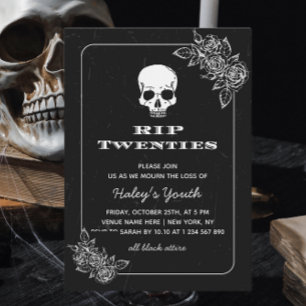Convite RIP 20s Vinte Anos Caveira Floral Preto Aniversári