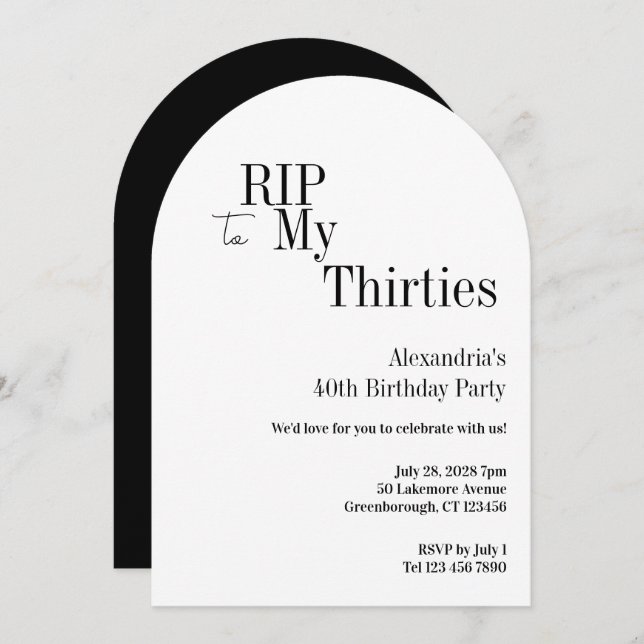 Convite RIP 30s 40th Birthday Black White Minimal Party (Frente/Verso)