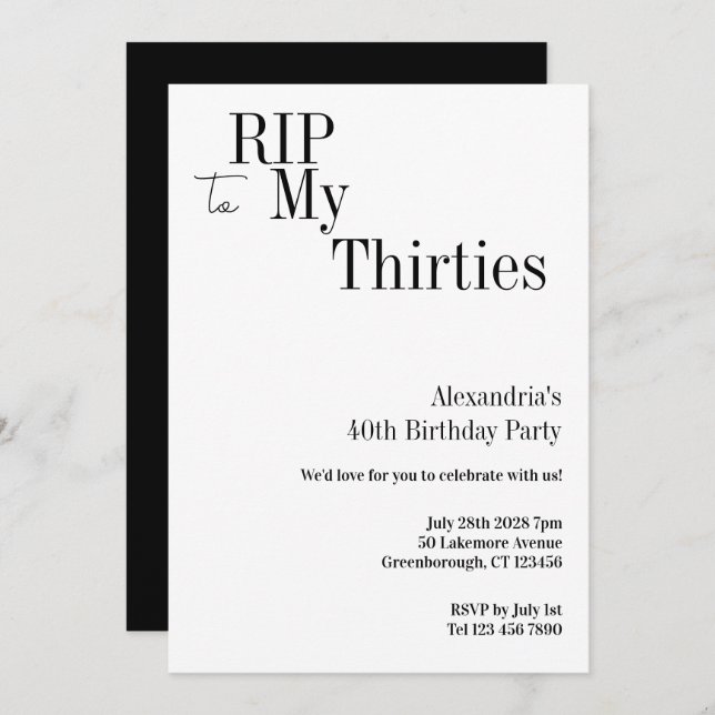 Convite RIP 30s 40th Birthday Minimal Party (Frente/Verso)