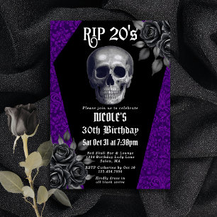 Convite RIP Anos 20 Gótico Caveira Roxa Floral 30º Anivers
