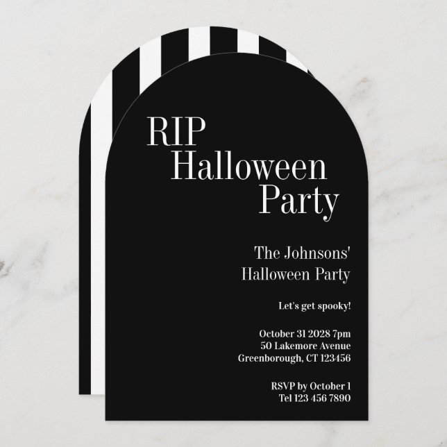 Convite RIP Halloween Party Black and White Stripe (Frente/Verso)