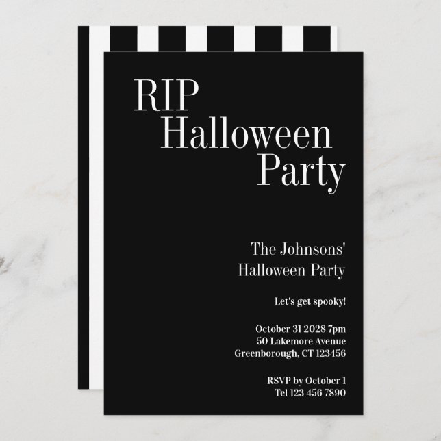 Convite RIP Halloween Party Black and White Stripe (Frente/Verso)