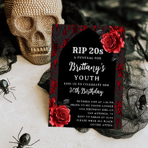 Convite RIP Rosas Vermelhas Góticas dos 20 anos Funeral de