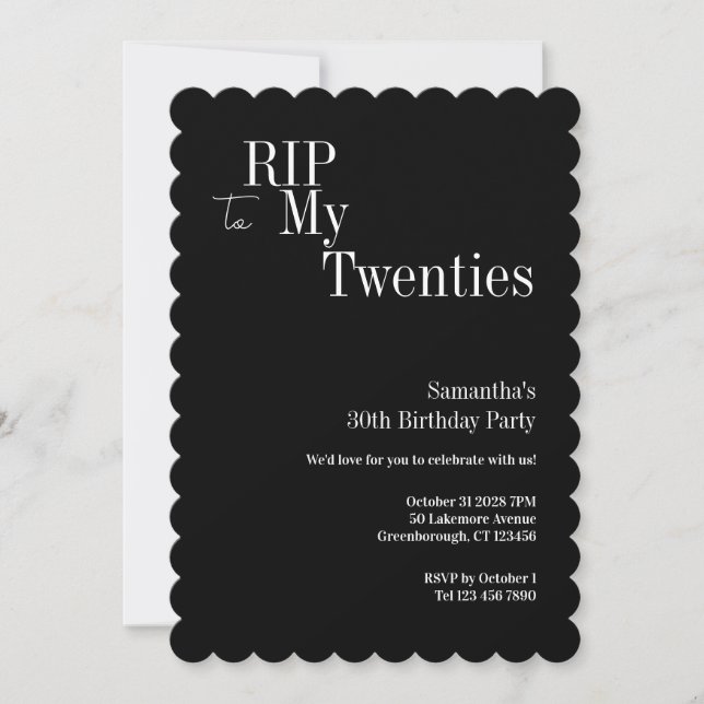 Convite RIP Twenties 30th Birthday Party Black White (Frente)