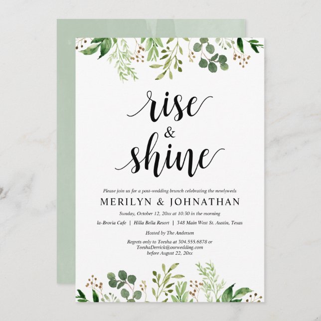 Convite Rise and Shine, Posto Greenery Casando Brunch Invi (Frente/Verso)