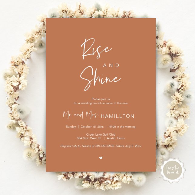 Convite Rise e Shine, Poste o Brunch (Rise and Shine, Post Wedding Brunch Invitation Card, PDF, in Copper Rust Brown)