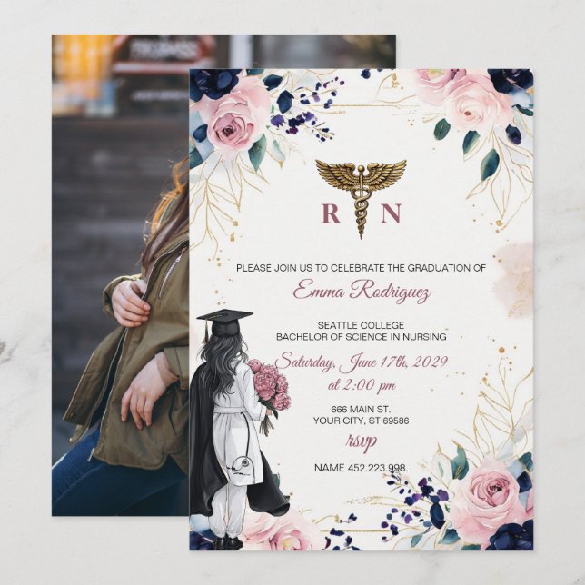 Convite RN Nursing Graduation Invitation | BSN Nurse Party (Frente/Verso)
