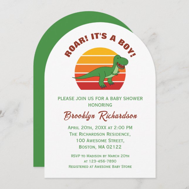 Convite Roar É Um Chá de fraldas De Dinossauro Retrosolar (Frente/Verso)
