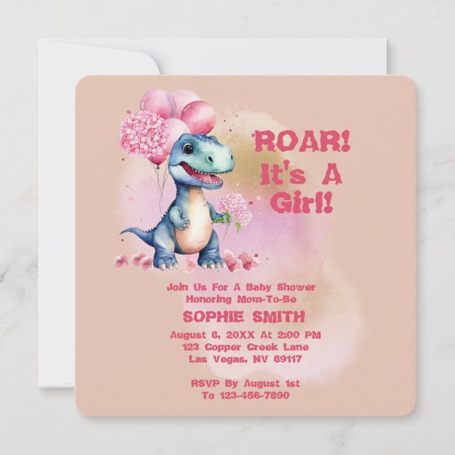 Convite Roar É Uma Garota T-Rex Bebê Dinossauro Rosa (Frente)