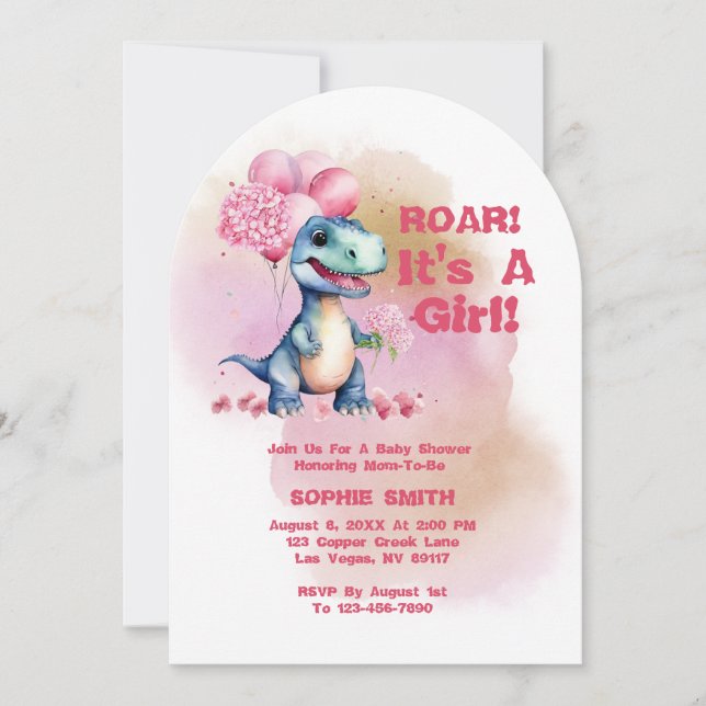 Convite Roar É Uma Garota T-Rex Bebê Dinossauro Rosa (Frente)