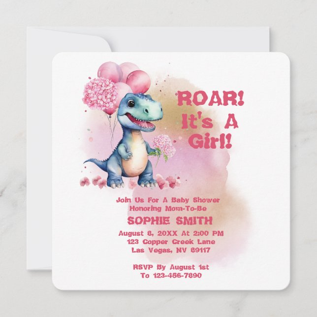 Convite Roar É Uma Garota T-Rex Bebê Dinossauro Rosa (Frente)