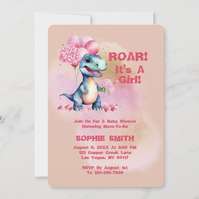 Convite Roar É Uma Garota T-Rex Bebê Dinossauro Rosa (Frente)
