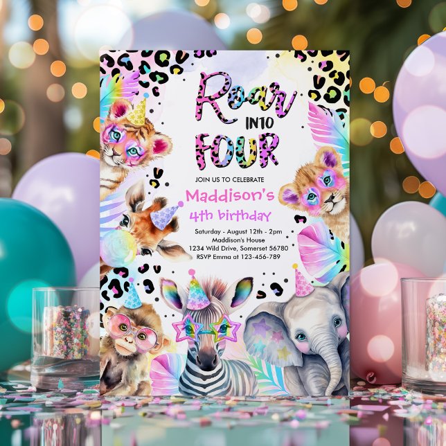 Convite Roar Em Quatro Garota Pink Safari Aniversário Leop (Criador carregado)