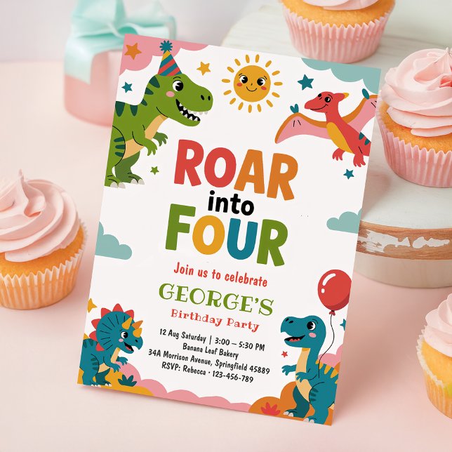 Convite Roar Into Four Cute Dinosaurs 4th Birthday Party (Criador carregado)