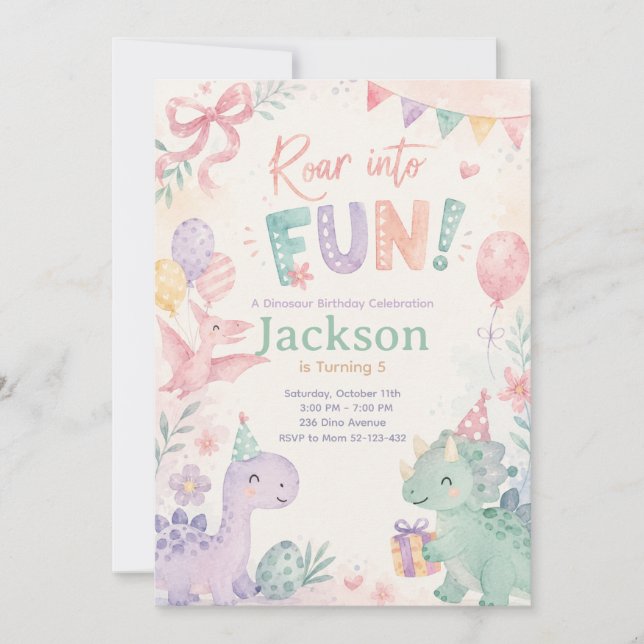 Convite Roar Into Fun Dinosaur Invitation Editable (Frente)