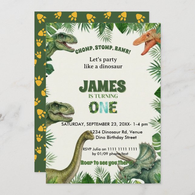 Convite Roar-some Dinosaur 1st Birthday Invitation (Frente/Verso)