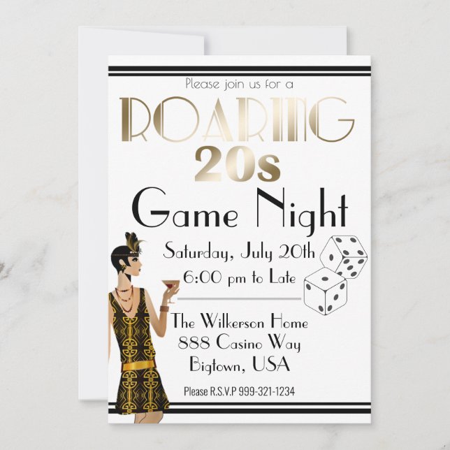 Convite Roaring 20 Twenties Game Night Retro Dourado (Frente)