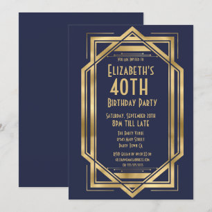 Convite Roaring 20s Art Deco Azul Marinho Dourado 40º